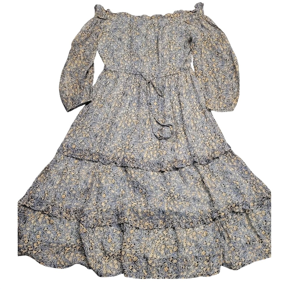 Anthropologie Blue Floral Metallic Off Shoulder Tiered Midi Dress NWT‎ Size 2